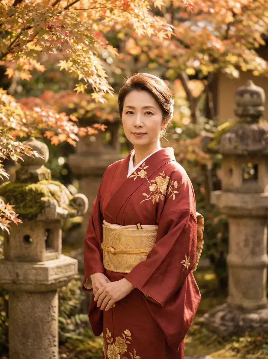 一位身穿暗红色和服的优雅 《里番动漫》里番动漫最新更新_全网独家里番动漫大全 在日式庭院中